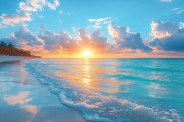 Obraz premium Sunrise over a tranquil turquoise ocean with gentle waves washing onto a white sandy beach lined with palm trees under a partly cloudy sky