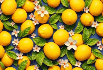 Vibrant seamless pattern of fresh yellow lemons, leaves, and blossoms, pattern, wallpaper