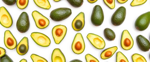 Vibrant seamless pattern of halved and whole avocados on a white background,  healthy eating,  summer