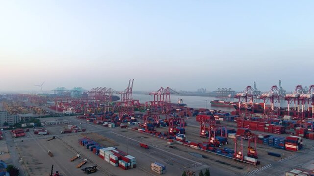 Aerial view of the cargo terminal of Tianjin Port at dusk