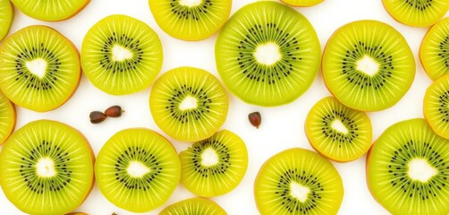 Vibrant seamless pattern of juicy kiwi slices, green flesh and black seeds on white background, food, pattern