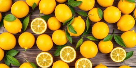 Vibrant seamless pattern of yellow lemons on a wooden table,  background,  vibrant