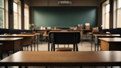 Classroom interior when no people. View from the last seat of the class, space on the previous student's table, warm light from the window, blurred blackboard.