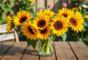 Vibrant yellow sunflowers in a clear glass vase on a rustic wooden table, summer garden setting, table decoration, vase