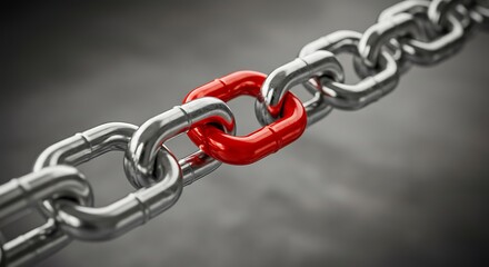 Fototapeta premium Striking Red Chain Link Stands Out Amidst Metallic Silver Chain, Symbolizing Strength and Connection.