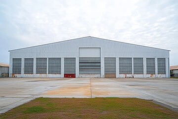 Large industrial warehouse with metal siding, multiple tall windows, rust stains on the walls, and a wide concrete pavement in the foreground under a cloudy sky