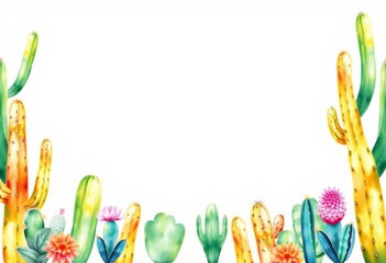 Watercolor cactus border, seamless repeat, vibrant desert hues,  boho,  red