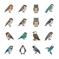 Obraz premium Set of sixteen colorful cartoon bird illustrations on white background.