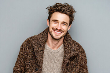 Gray studio shows smiling man. It works well for portrait photography, social media design, or website headers.