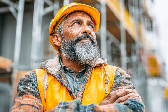 Yellow, rugged construction worker looks up on a job site. Cinematic lighting, good for presentations, website backgrounds, or social media posts.
