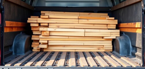 Wooden boards stacked neatly inside a closed truck bed,  shipping,  planks