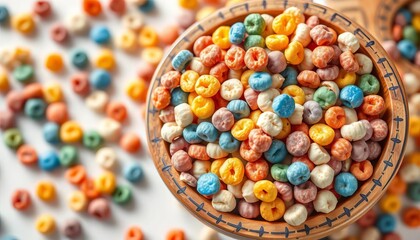 Wooden bowl overflowing with colorful breakfast cereals on white background,  cornflakes,  yummy