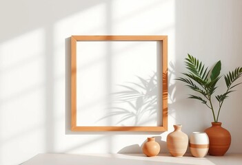 Wooden frame casts soft shadows on white wall, minimalist decor with potted palm & earthenware vases,  plant,  calm