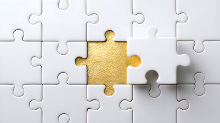 Fototapeta premium White puzzle with one missing golden piece, symbolizing uniqueness, value, and the final key to completion, conveying clarity and precision.