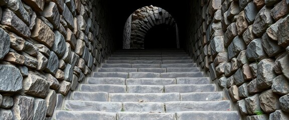 Worn stone steps descending into dark tunnel entrance, mystery, forgotten