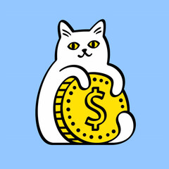 A Cute White Cat Hugging a Large Gold Coin with a Dollar Sign on It Set Against a Simple Blue Background Representing Financial Success and Prosperity	