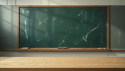 Empty classroom chalkboard with faint chalk marks and wooden desk in natural light