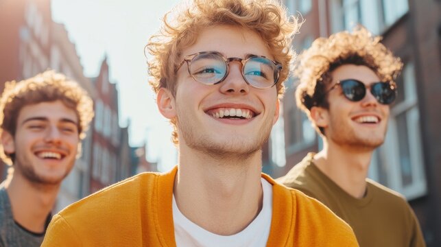 Joyful Young Men Sharing Laughter on a Sunny Day Outdoors