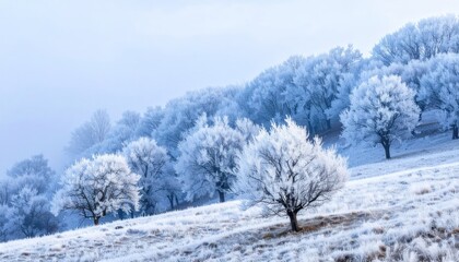 Obraz premium Winter Landscape of Frost Covered Trees on Hillside