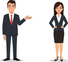 Business character illustration, professional attire, vector people presenting, workplace pose, flat design, corporate, teamwork, confident, minimal, smiling