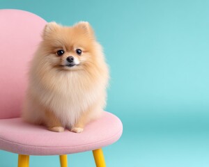 Autumn Dog Lifestyle Photography Featuring Smiling Shiba Inu and Corgi in Cozy Sweaters, Pumpkin Hats, and Playful Fall Outdoor Scenes – Adorable Fluffy Pomeranian Sitting on a Pink Chair Against