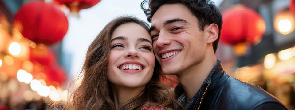 Smiling Couple with Lanterns in the Background During Festive Celebration