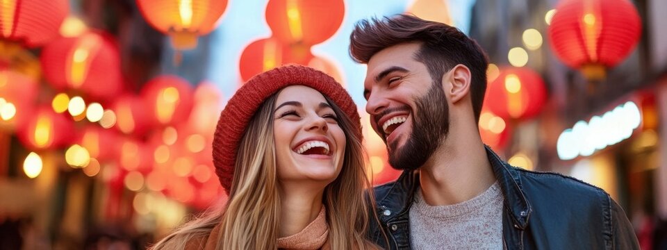 Joyful Young Couple Smiling Beneath Colorful Lanterns at Festival