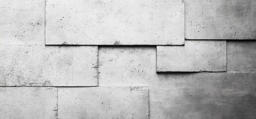 Fototapeta premium Close-up of a textured concrete wall with staggered rectangular panels showcasing rough surfaces and small imperfections in varying shades of gray