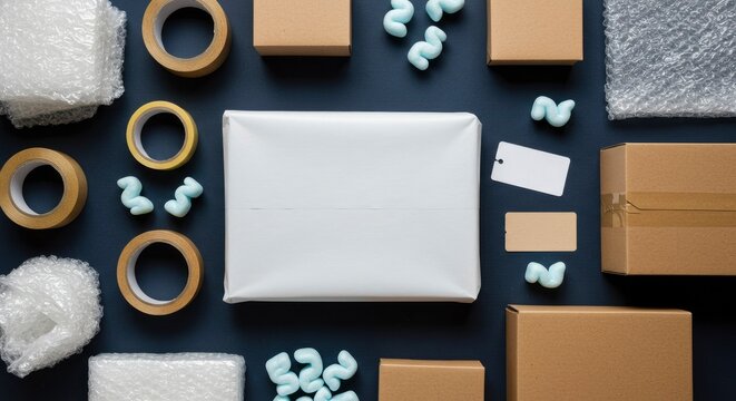 Overhead View of Packaging Supplies: Boxes, Tape, Bubble Wrap, and Packing Peanuts.