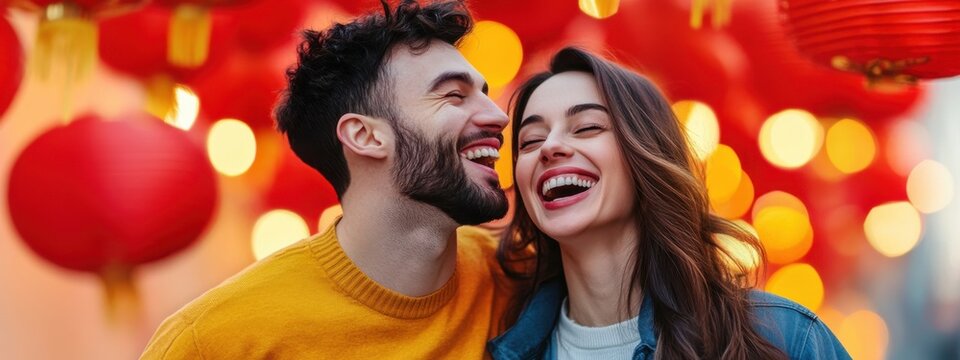 Happy Couple Smiling Together at Festival with Red Lanterns