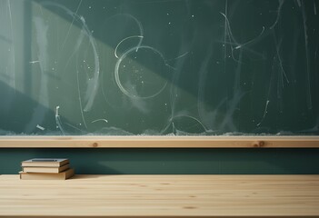 Empty classroom blackboard with chalk dust and wooden desk with stacked books reflecting study