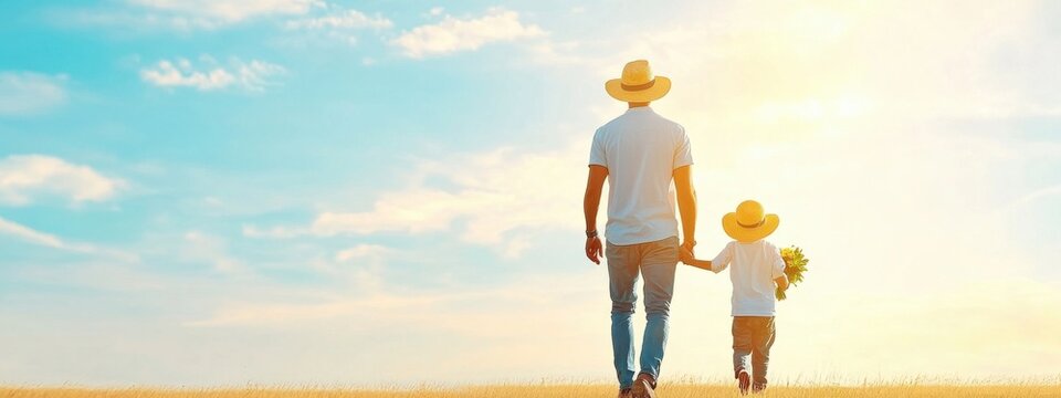 Father and Child Walking Hand in Hand Under Bright Sky at Sunset