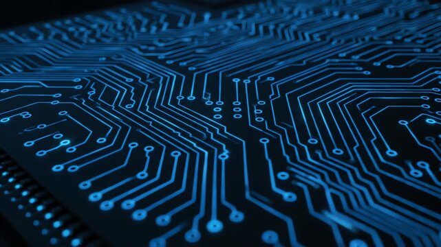 Seamlessly looping video of an abstract neon circuit board with glowing data lines flowing tech, energy, chip