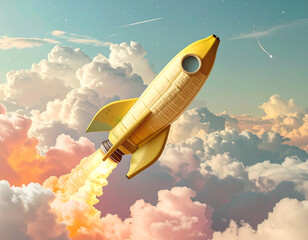 A banana rocket blasts off into the sky with a large fiery propulsion.