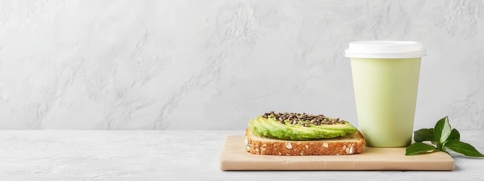 Avocado Toast on Wooden Board with Coffee Cup and Fresh Green Leaf