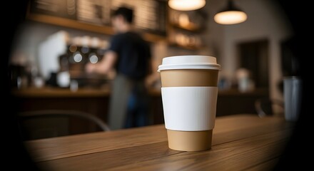 Disposable coffee cup with a white sleeve on a wooden counter in a blurred cafe setting with a barista in the background.