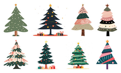 PNG Whimsical Christmas tree illustrations, element set on transparent background
