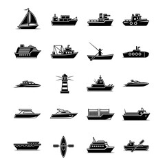 Collection of various boats and ships in black and white silhouette style.