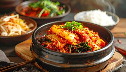 Korean kimchi, banchan dishes, and rice. Perfect for food blogs, korean cuisine enthusiasts, restaurant menus, and cultural websites. Vibrant and appetizing.