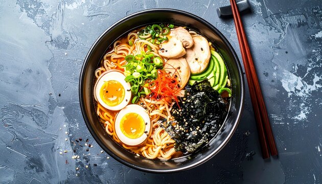 Bowl of ramen with eggs and vegetables suitable for asian cuisine menus, food blogs, recipe cards, restaurant promotions, and social media posts. - Powered by Adobe