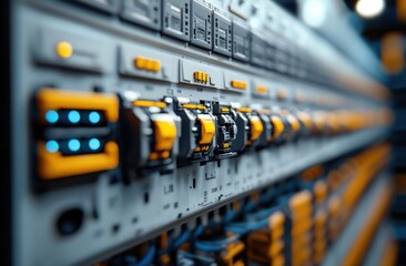Close-up view of multiple network or server switches with glowing blue indicators and yellow toggles in a data center or telecommunications equipment rack