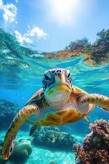 Obraz premium Close-up of a sea turtle swimming underwater in clear blue ocean with coral reefs and sunlight above water surface