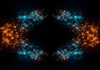Photo of abstract visualization of interconnected glowing particles in blue and orange, forming a symmetrical diamond shape against a black background, symbolizing data flow, network connections, and 