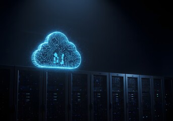 Photo of a luminous blue cloud icon made of digital particles hovers above a row of server racks in a dark data center, illustrating cloud computing, data storage, and it infrastructure