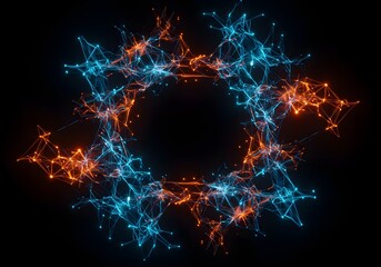 Photo of abstract digital network of glowing blue and orange particles forming a circular, symmetrical pattern against a black background, symbolizing connection and data flow