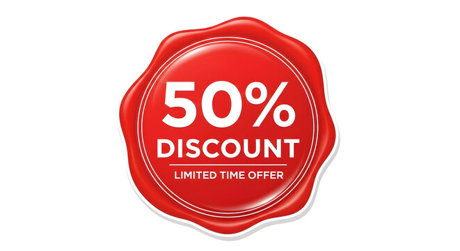 Limited time offer 50 percent discount badge for promotions and advertising campaigns now