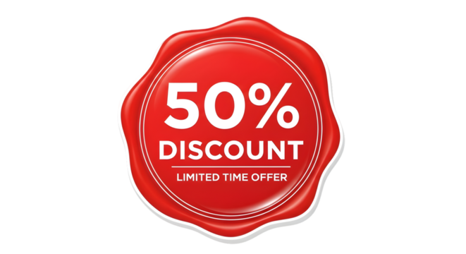 Limited time offer 50 percent discount badge for promotions and advertising campaigns now