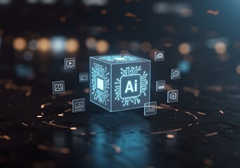 Photo of abstract representation of artificial intelligence ai with a glowing cube displaying circuitry and the ai logo, surrounded by floating digital elements, symbolizing advanced technology and ma
