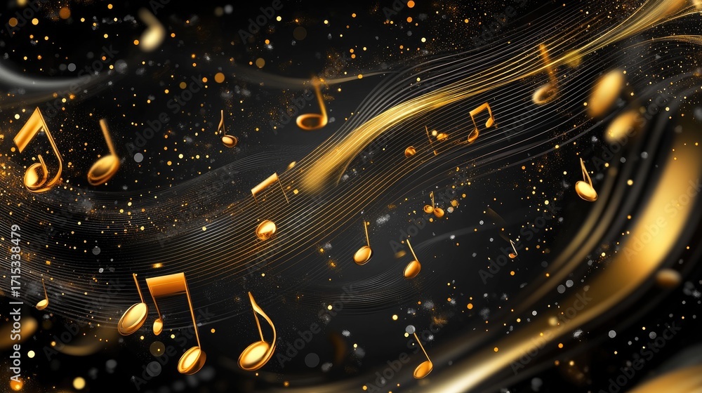 Poster golden musical notes floating on a dark background with sparkles