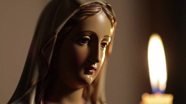 A solemn statue of the Virgin Mary is softly illuminated by the warm, gentle glow of a candle flame.